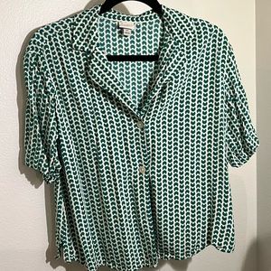 Green and White Patterned Button Up - Size XS
